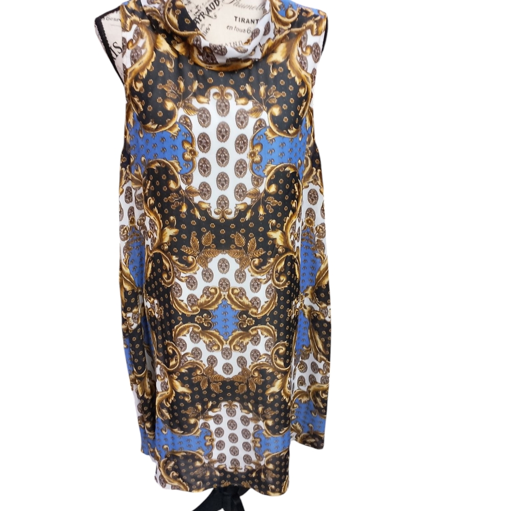 Sharagano Sheath Mini Dress Blue Brown Cowl Neck